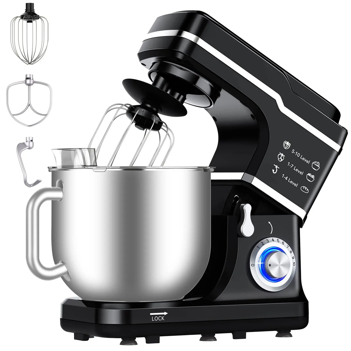 7.5Qt Electric Dough Mixer, Tilt-Head With Stainless Steel Bowl & Attachments