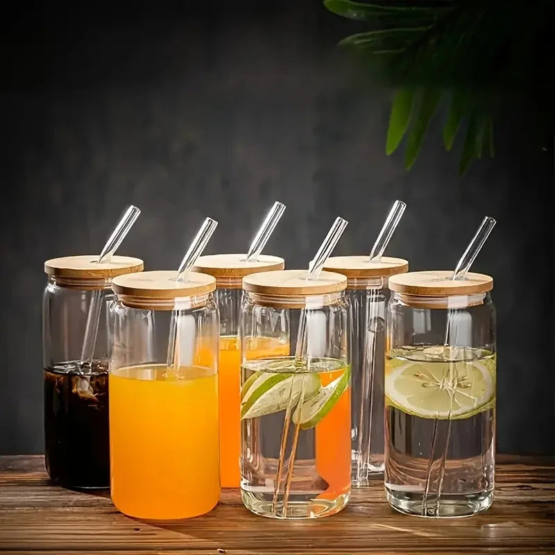 6pcs 18.6oz Drinking Glasses with Bamboo Lid and Glass Straw