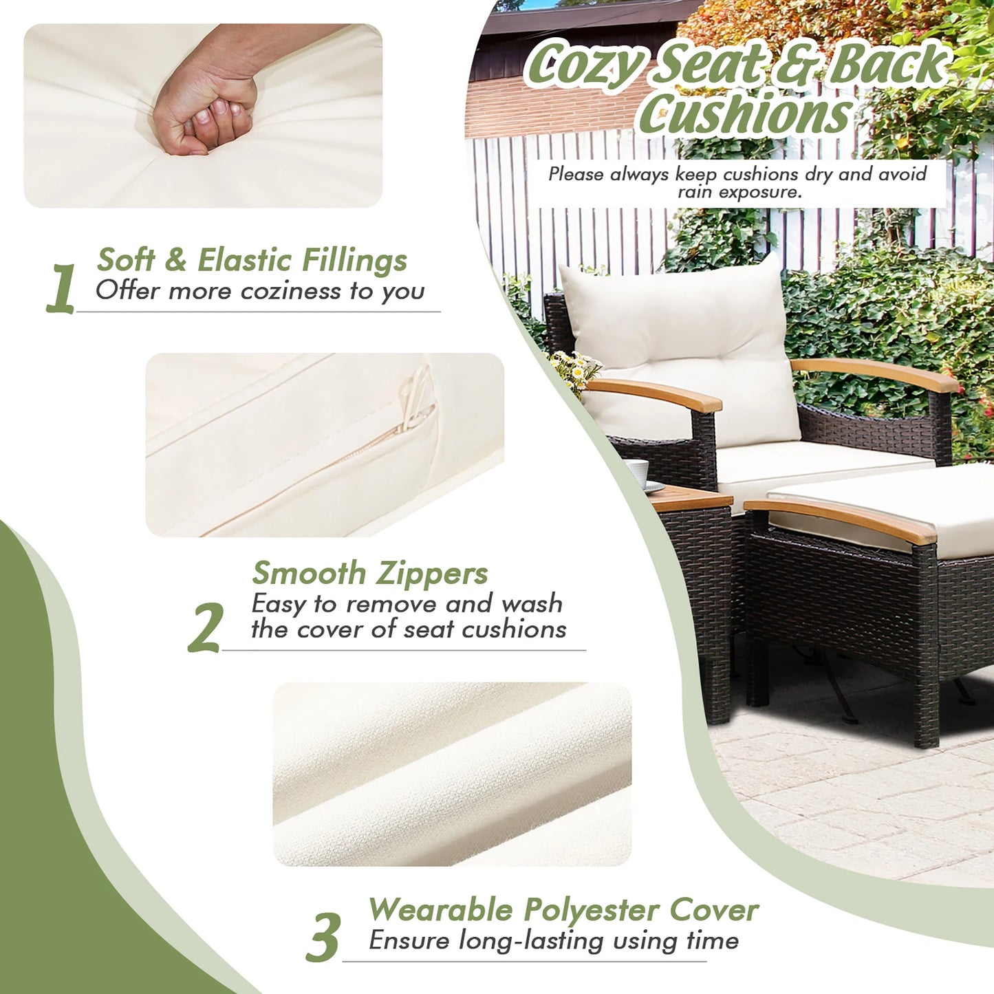 5PCS Patio Set 2 Chairs Ottoman Cushioned Table W/Wood Top