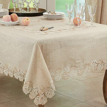 Fennco Styles Elegant Lace Rose Border Tablecloth 54" W x 54" L - Natural Floral Square Table Cover for Home Décor, Banquets, Wedding, Family Gathering and Special Events