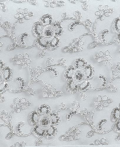 Fennco Styles Sequin Floral Embroidered Tablecloth 50" W x 70" L - White Table Cover for Home, Dining Room, Banquets, Wedding, Holiday and Special Events