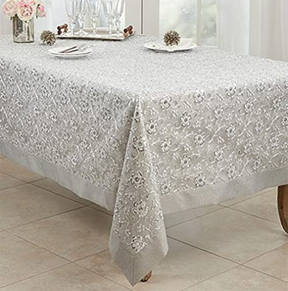 Fennco Styles Sequin Floral Embroidered Tablecloth 50" W x 70" L - White Table Cover for Home, Dining Room, Banquets, Wedding, Holiday and Special Events