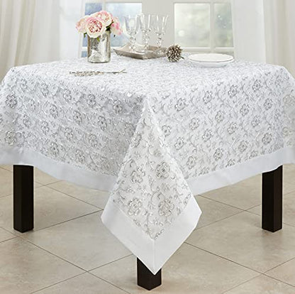 Fennco Styles Sequin Floral Embroidered Tablecloth 50" W x 70" L - White Table Cover for Home, Dining Room, Banquets, Wedding, Holiday and Special Events