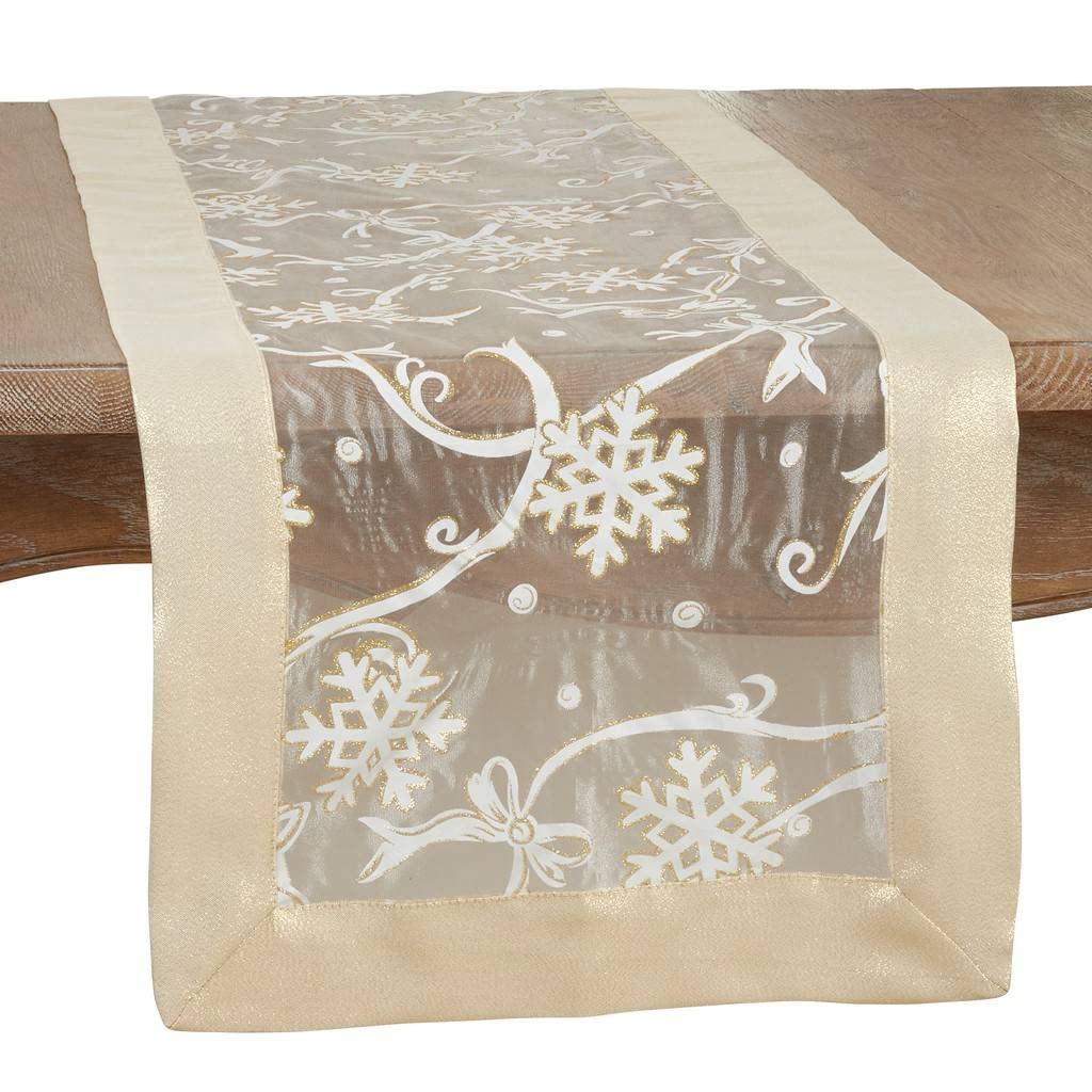 Fennco Styles Printed Snowflake & Ribbon Semi-Sheer Tablecloth - Gold Festive Table Cover for Home Décor, Banquets, Christmas, Holiday and Special Events