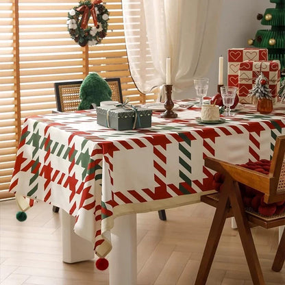 Fennco Styles Red and Green Holiday Plaid Pom Pom Christmas Tablecloth - Cotton Blend Festive Table Cover for Winter Holidays, Banquets, Family Gatherings and Special Occasions