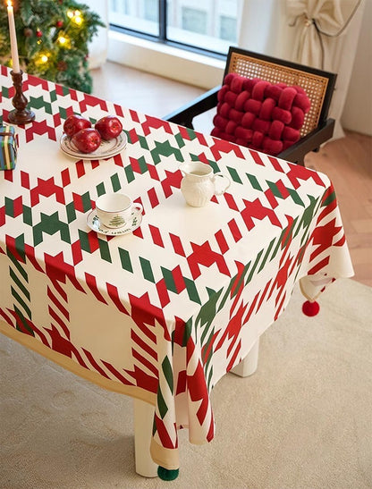 Fennco Styles Red and Green Holiday Plaid Pom Pom Christmas Tablecloth - Cotton Blend Festive Table Cover for Winter Holidays, Banquets, Family Gatherings and Special Occasions