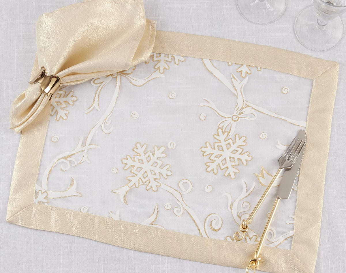 Fennco Styles Printed Snowflake & Ribbon Semi-Sheer Tablecloth - Gold Festive Table Cover for Home Décor, Banquets, Christmas, Holiday and Special Events