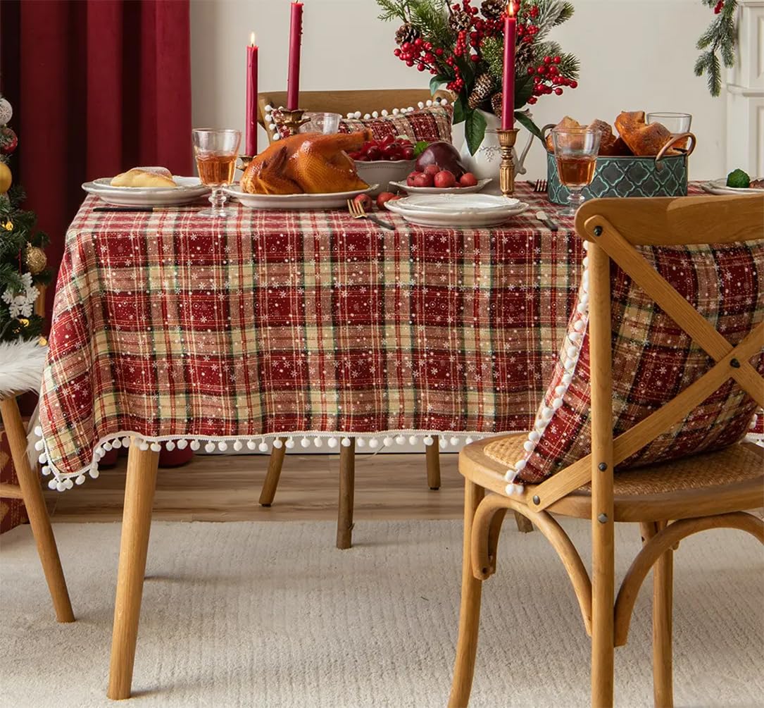 Fennco Styles Classic Plaid Snowflake Holiday Tablecloth - Tartan Rectangular Table Cover for Dining Room, Christmas Décor, and Winter Festivals