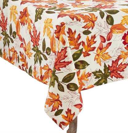 Fennco Styles Warm Embroidered Autumn Leaves Cotton Tablecloth - Multicolored Holiday Table Cover for Thanksgiving, Banquets, Family Gathering and Special Occasion