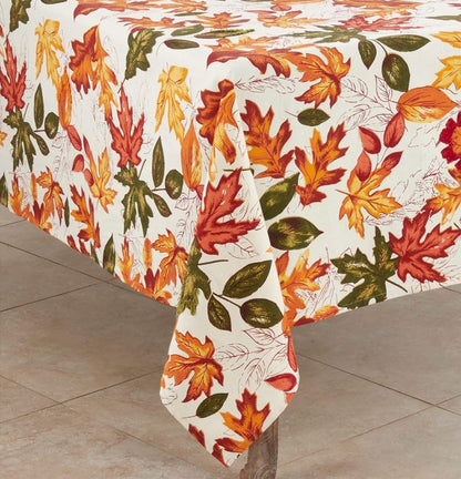 Fennco Styles Warm Embroidered Autumn Leaves Cotton Tablecloth - Multicolored Holiday Table Cover for Thanksgiving, Banquets, Family Gathering and Special Occasion