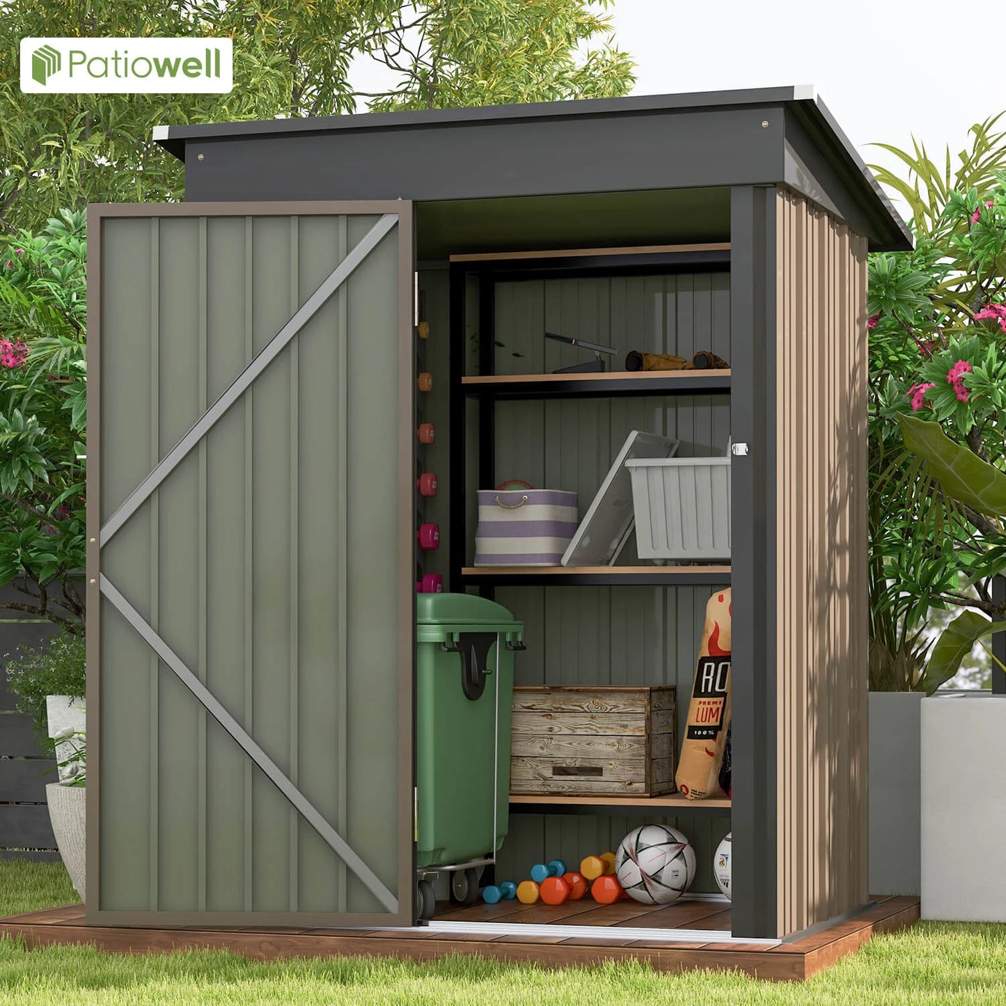 l 5x3 FT Outdoor Storage Shed, Tool Shed with Sloping Roof and Lockable Door, Metal Shed