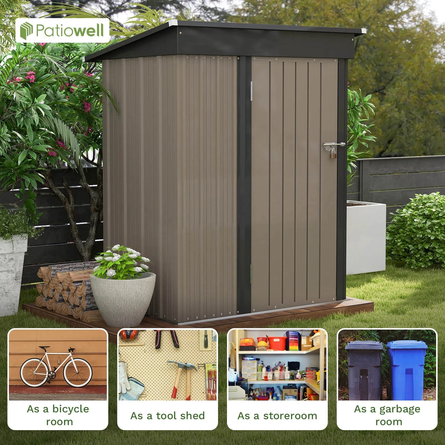 l 5x3 FT Outdoor Storage Shed, Tool Shed with Sloping Roof and Lockable Door, Metal Shed