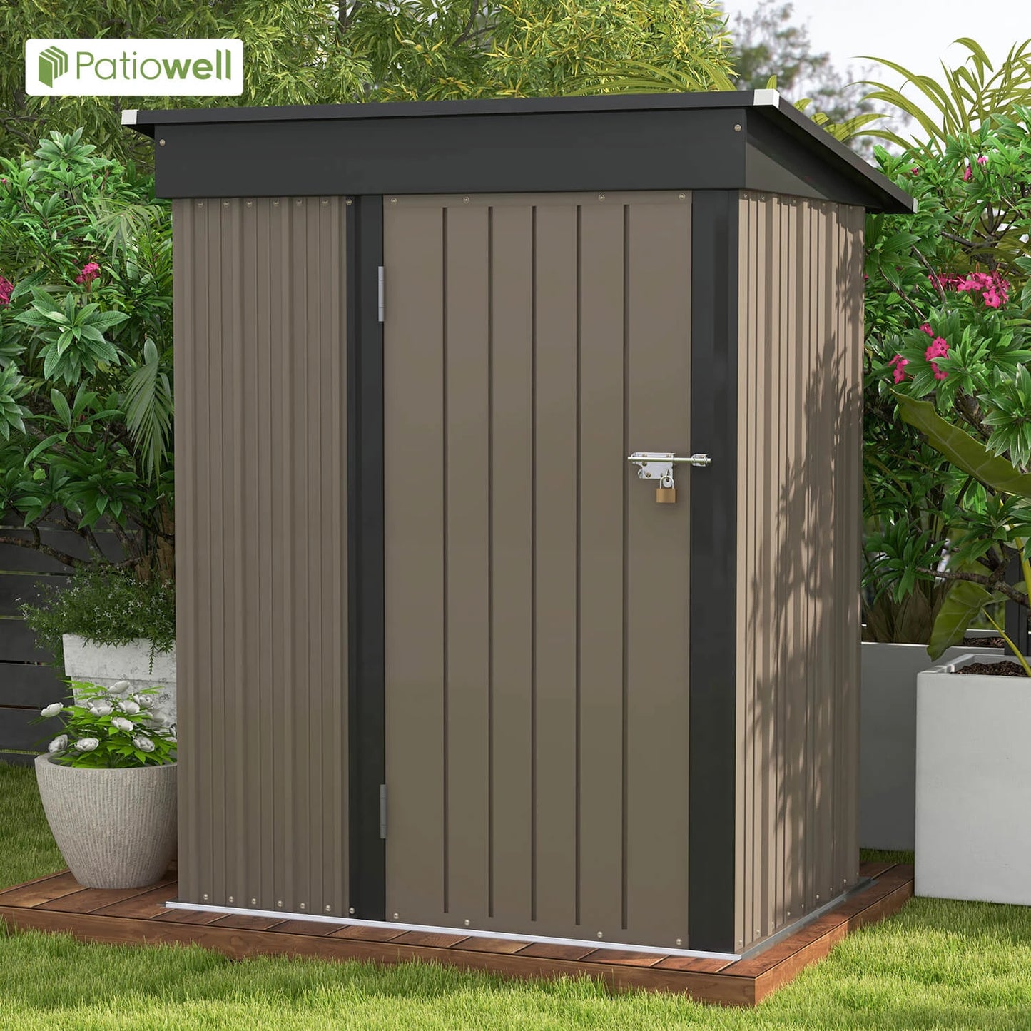l 5x3 FT Outdoor Storage Shed, Tool Shed with Sloping Roof and Lockable Door, Metal Shed