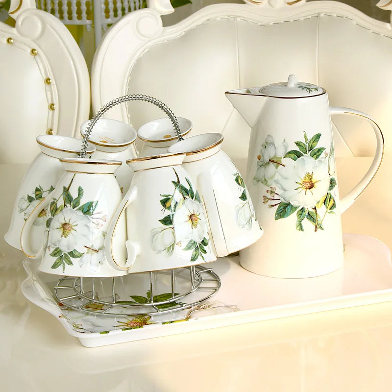 Household Water Ware Set, Ceramic Mug with Metal Rack, Porcelain Bone China,