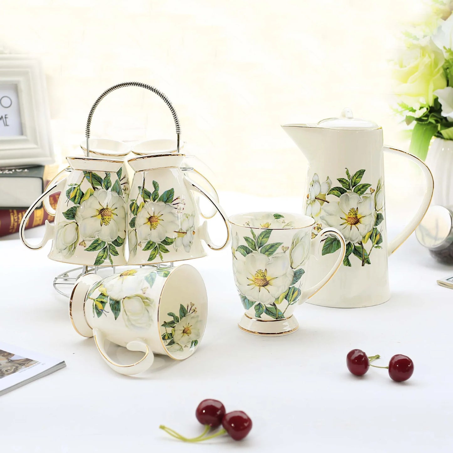 Household Water Ware Set, Ceramic Mug with Metal Rack, Porcelain Bone China,