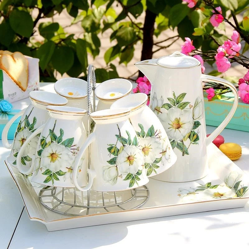 Household Water Ware Set, Ceramic Mug with Metal Rack, Porcelain Bone China,
