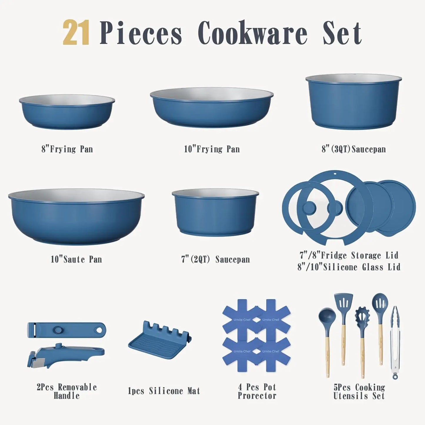 Non Stick Pots and Pans Set, 21 Pcs  Detachable Handles,