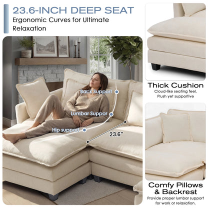 Redlife 113.4" Modular  Sofa with Ottoman,  Deep Seat (23.6" D), Solid Wood Frame,