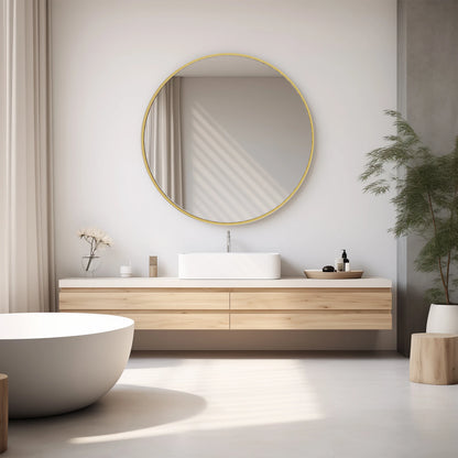 JHK 30 Inch Large Gold Round Vanity Framed Mirror Tempered Glass Bedroom Living Room