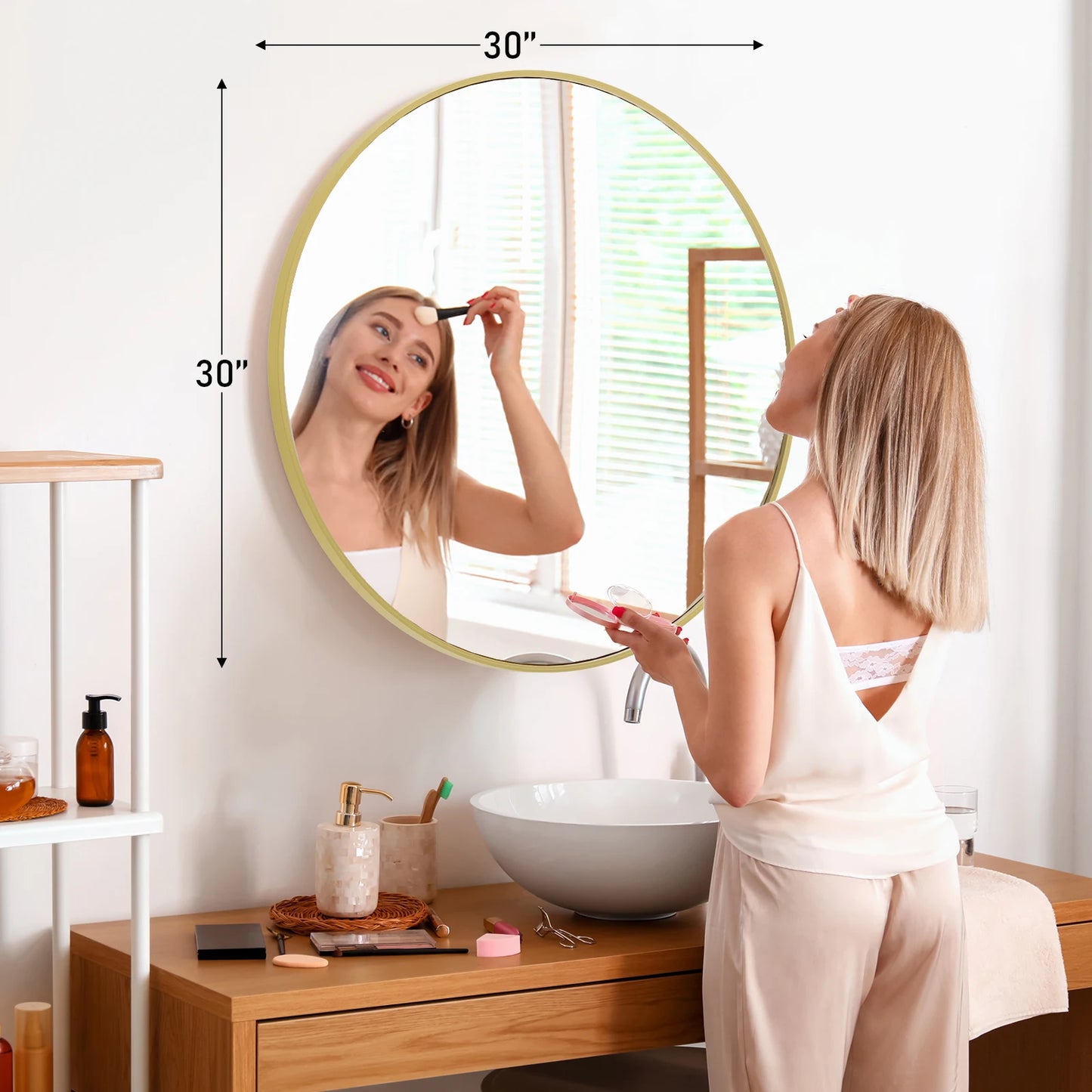 JHK 30 Inch Large Gold Round Vanity Framed Mirror Tempered Glass Bedroom Living Room