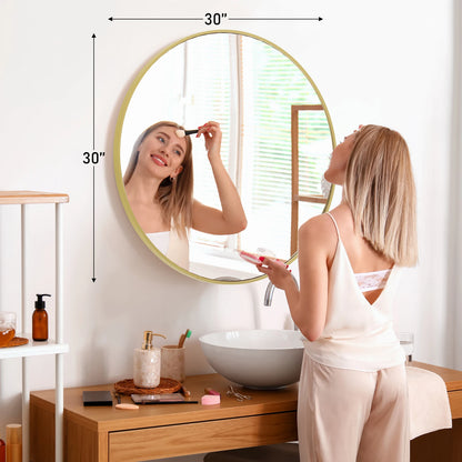 JHK 30 Inch Large Gold Round Vanity Framed Mirror Tempered Glass Bedroom Living Room