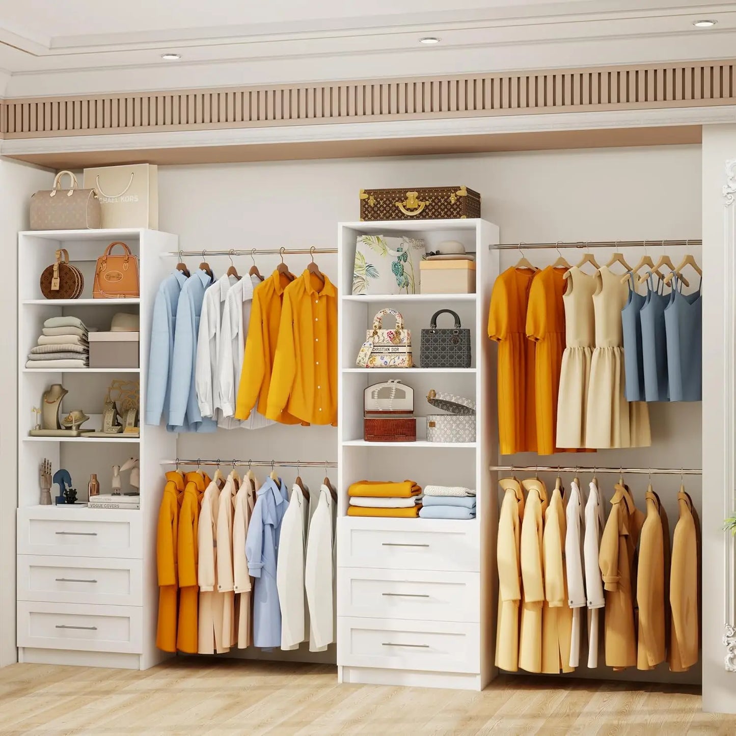 6-15FT Wooden Closet Organizer 8 Rods  White 2 Sets, Customized