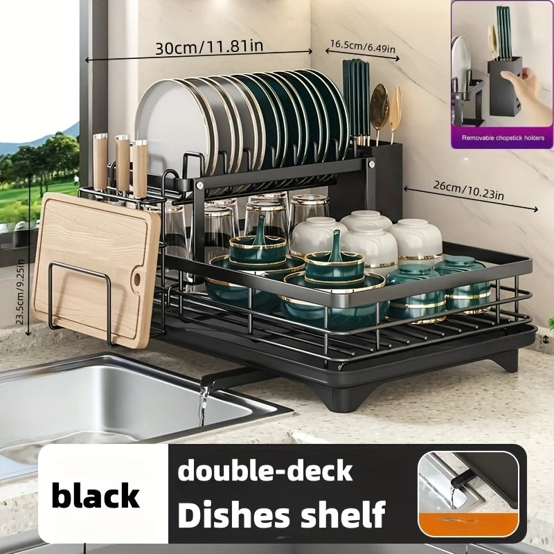 2-Layer Elevated Capacity Drain Rack Rust-Proof Dish Organizer