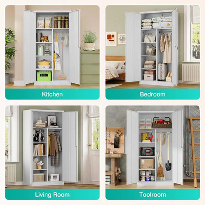 Deep Metal Storage Cabinet with Hanging Rod Lock,72 Tall Wardrobe Cabinets
