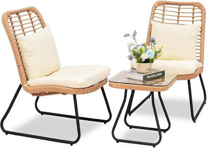 3 Piece Outdoor Wicker Bistro Set, w/2  Rattan Chairs and Tempered Glass Table,