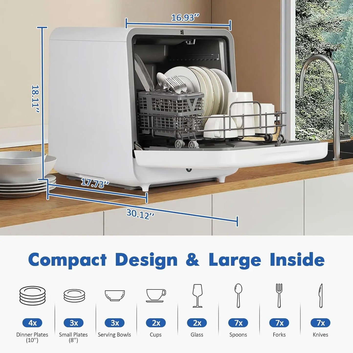 120V/900W Portable Dishwasher Countertop with Faucet (5L) Modes Water Inlet,