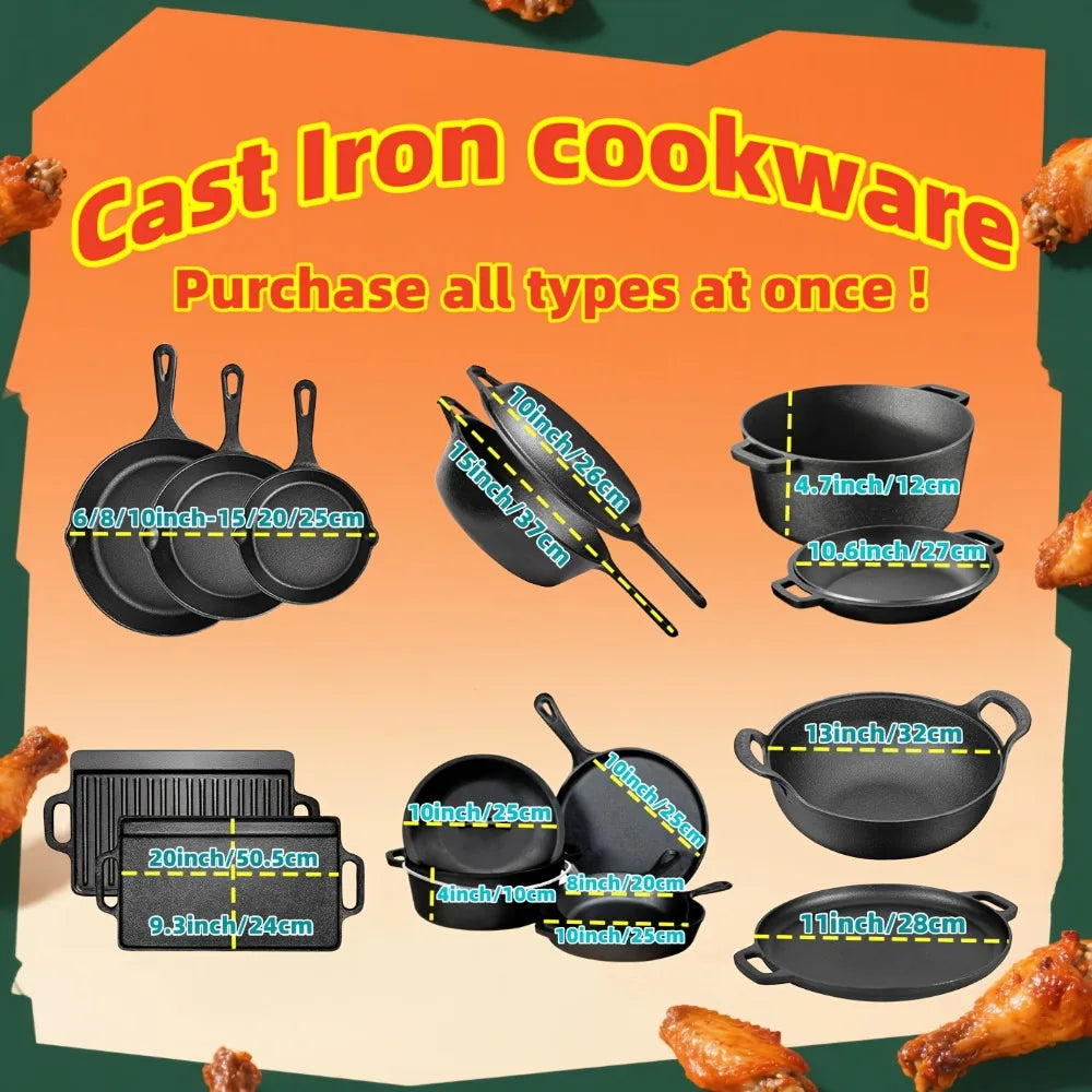 3-Piece Cast Iron Skillet Set (6/8/10 Inch) - Pre-Seasoned, Non-Stick,