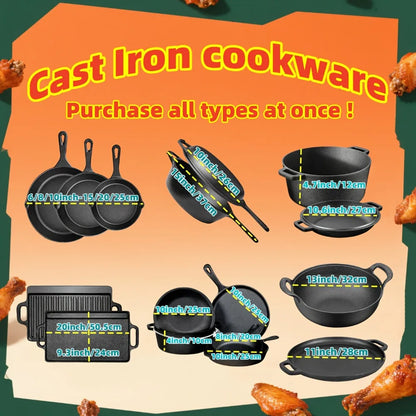 3-Piece Cast Iron Skillet Set (6/8/10 Inch) - Pre-Seasoned, Non-Stick,