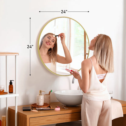 JHK 30 Inch Large Gold Round Vanity Framed Mirror Tempered Glass Bedroom Living Room