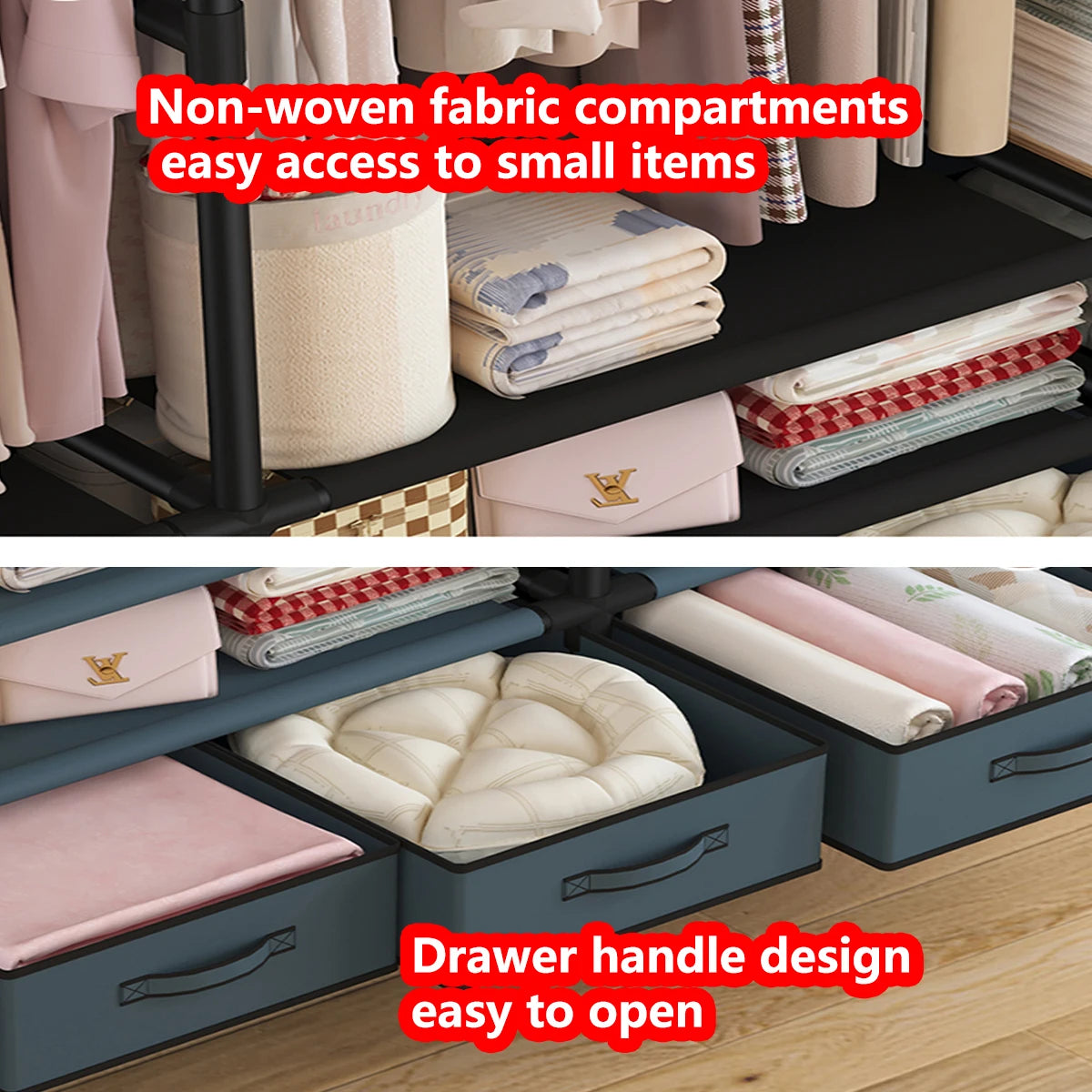 Portable Wardrobe, 55-inch Sliding Curtain Three Hanger Racks for Clothes