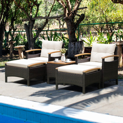 5PCS Patio  Set 2 Chairs Ottoman Cushioned Table W/Wood Top