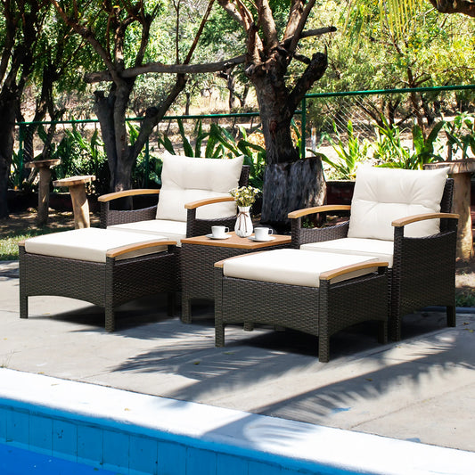5PCS Patio  Set 2 Chairs Ottoman Cushioned Table W/Wood Top