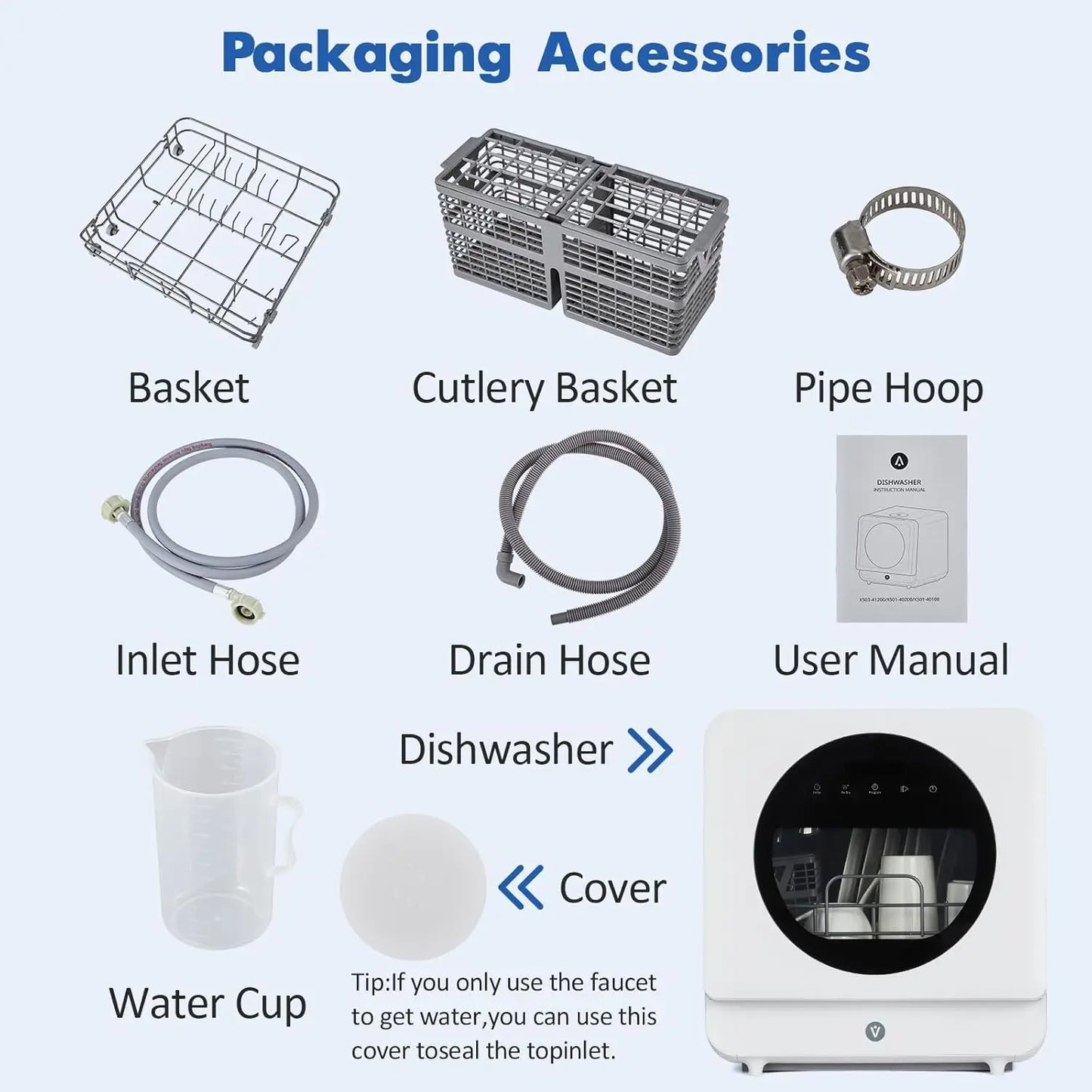 120V/900W Portable Dishwasher Countertop with Faucet (5L) Modes Water Inlet,