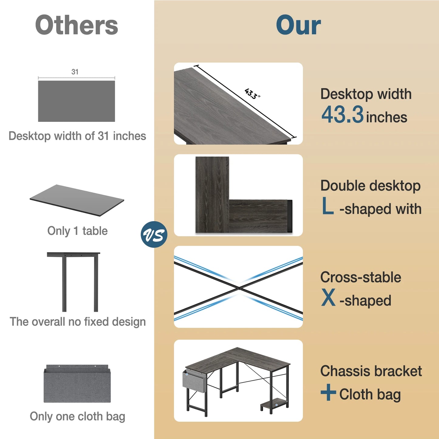 JHK Gaming Corner 50 Inch  Storage Shelf & Side Bag for Home Office