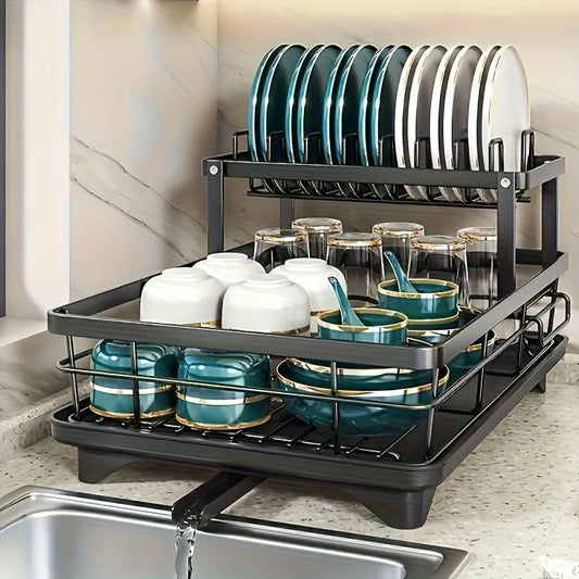 2-Layer Elevated Capacity Drain Rack Rust-Proof Dish Organizer