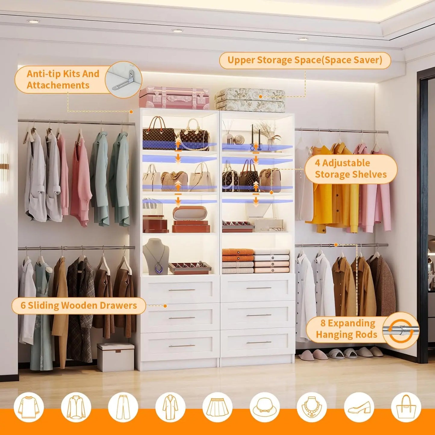 6-15FT Wooden Closet Organizer 8 Rods  White 2 Sets, Customized
