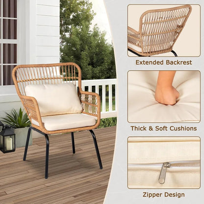 3 Piece Outdoor Wicker Bistro Set, w/2  Rattan Chairs and Tempered Glass Table,