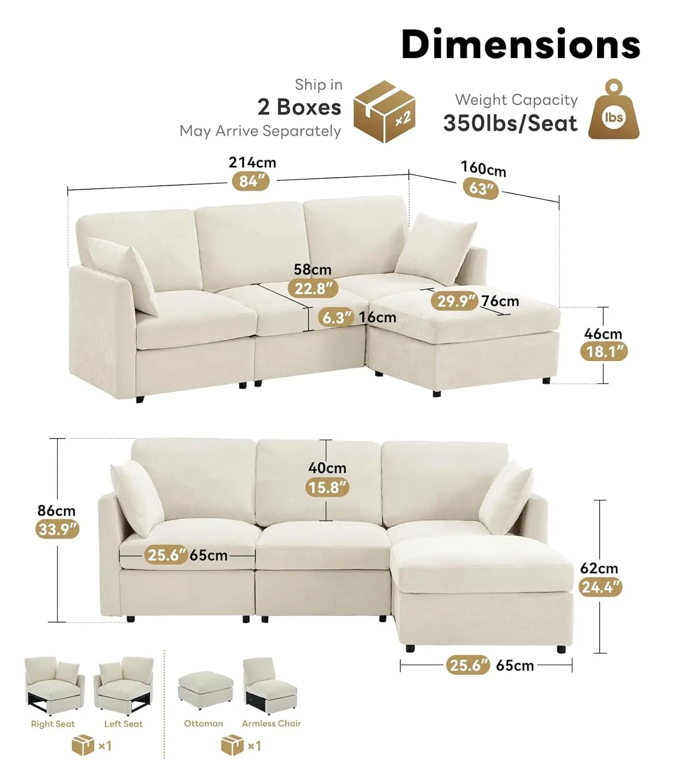 85" Convertible L Shaped Couch, ,Chenille Cloud Couch with Ottoman 4 Seat