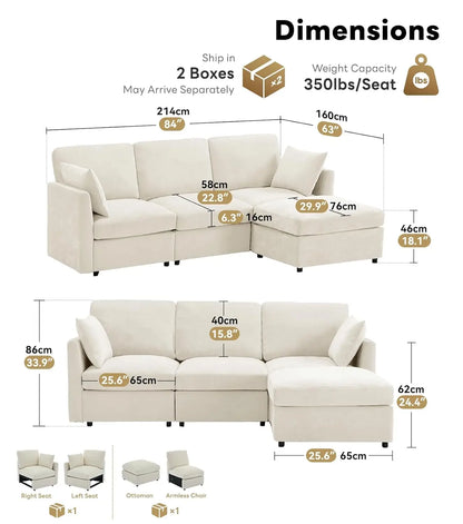 85" Convertible L Shaped Couch, ,Chenille Cloud Couch with Ottoman 4 Seat