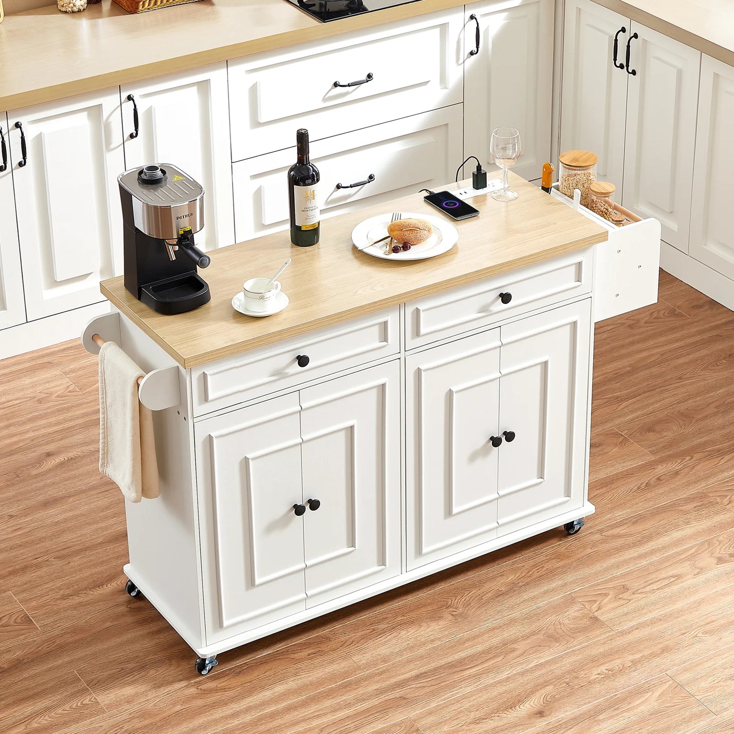 60" Mobile Kitchen Island Table Drop Leaf Carts with Power Outlet