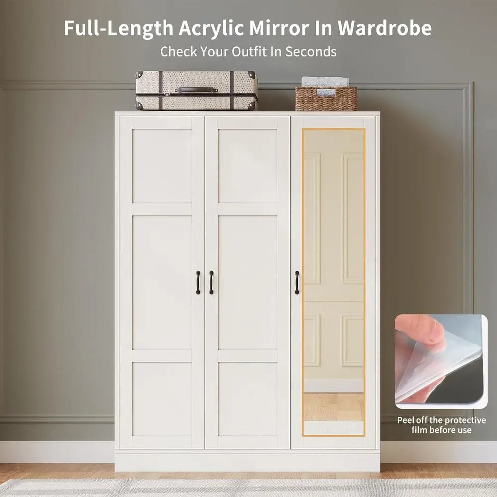 3-Door Wardrobe with Mirror, White storage Cabinet