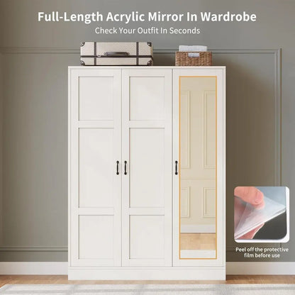 3-Door Wardrobe with Mirror, White storage Cabinet