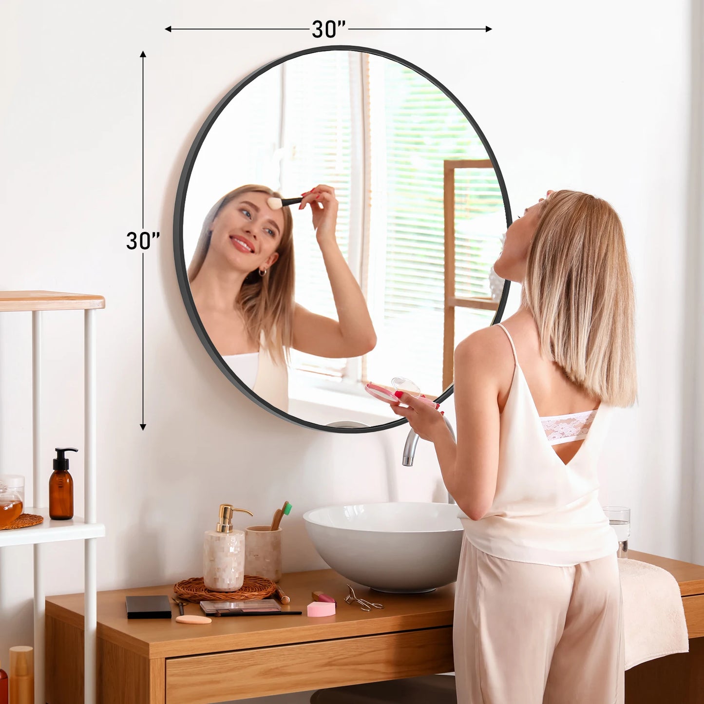 JHK 30 Inch Large Gold Round Vanity Framed Mirror Tempered Glass Bedroom Living Room