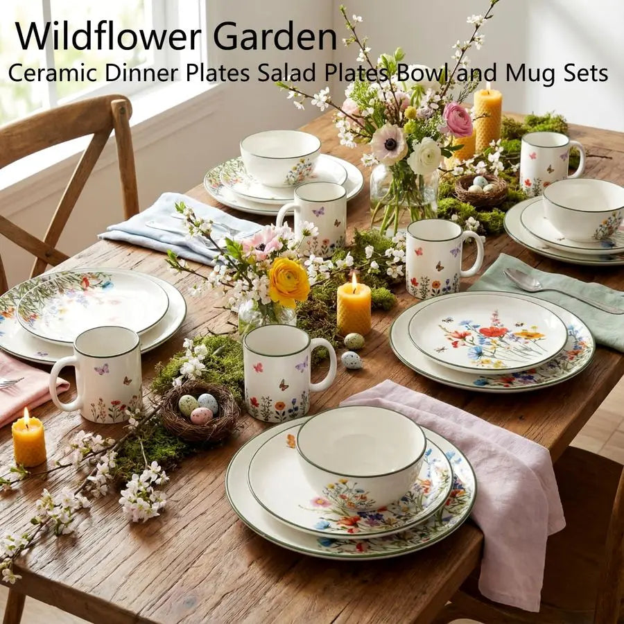 16 Pcs Wildflower Ceramic Dinnerware Set Floral Dish Set Spring Butterfly