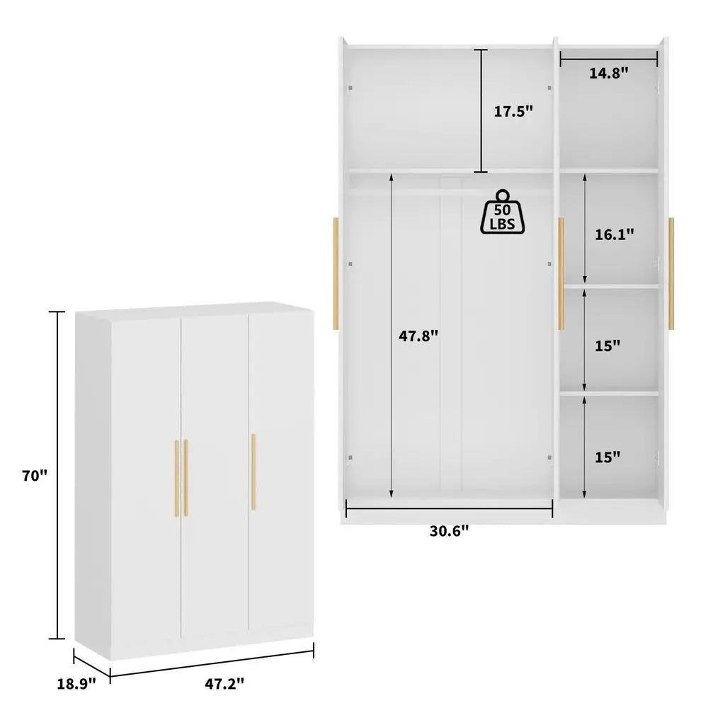 3 Doors Wardrobe Armoire Closet,  2 Hanging Rod,