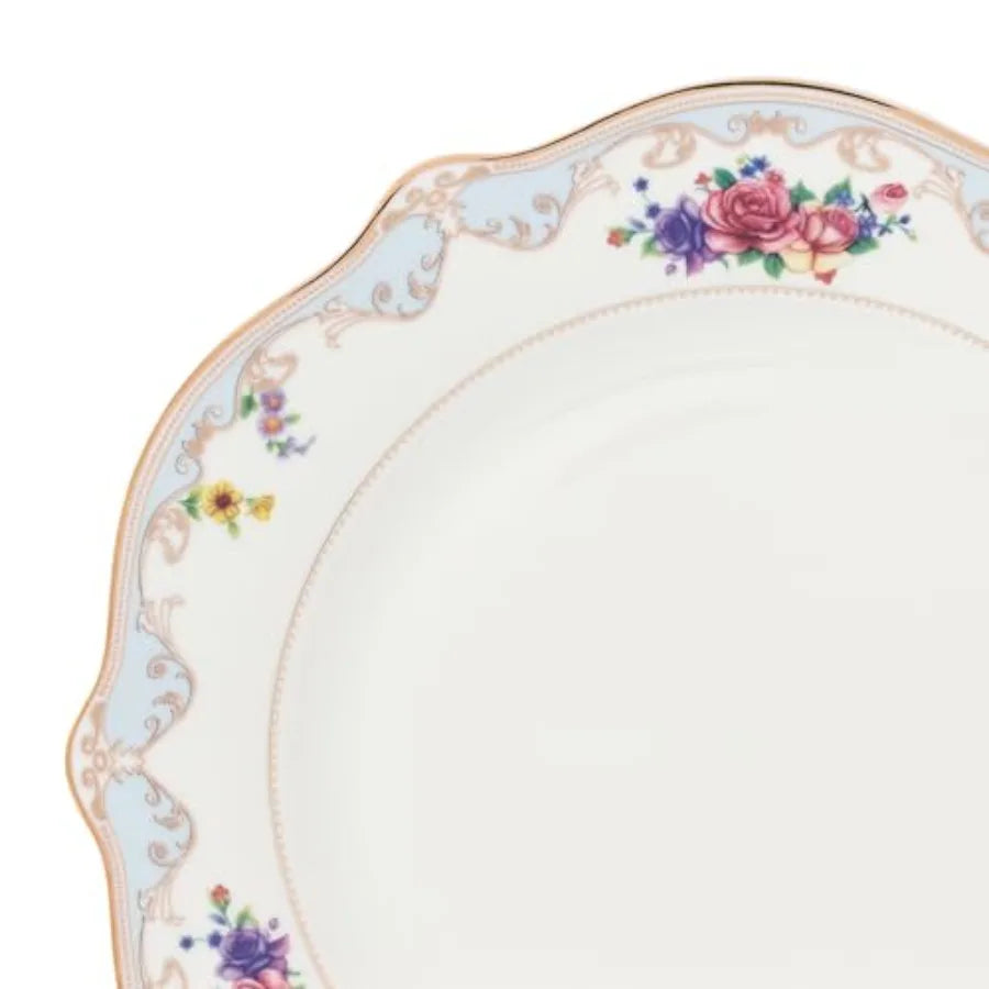 Romantic Bloom 57-Piece Bone China Dinnerware Set Service for 8 Floral with Blue and Gold Trim